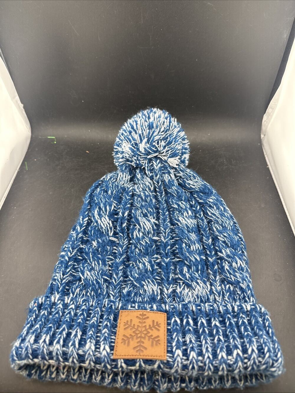 Gertex Blue White Space Dye Cable Knit Winter Pom Beanie Hat Snowflake Patch
